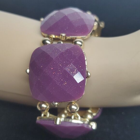 𝅺VINTAGE 80s Iredescent Glittering Chunky Purple Stone Stretch Bracelet - Picture 2 of 4